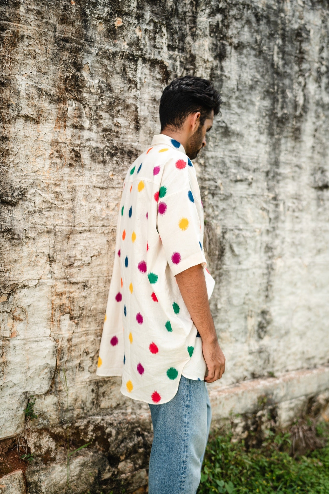 Rangeela Men's Polka Shirt, handwoven from breathable cotton, boasts lasting vibrant colors from special dyeing. Relish traditional craftsmanship in classic style.